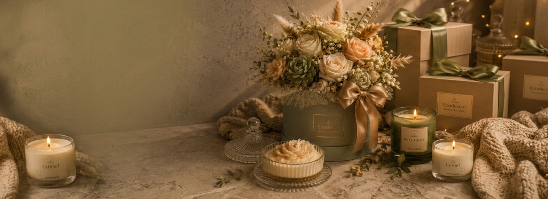 Elegancki zestaw prezentowy Ecodeccor Manufaktura z flowerboxem, świecami i ozdobnymi pudełkami
