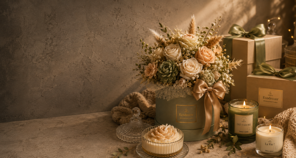 Elegancki flowerbox z woskowych kwiatów, świece sojowe i pudełka prezentowe Ecodeccor Manufaktura w ciepłej aranżacji