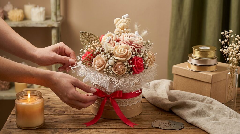 Dłonie przygotowujące elegancki prezent handmade z kokardą i świecą